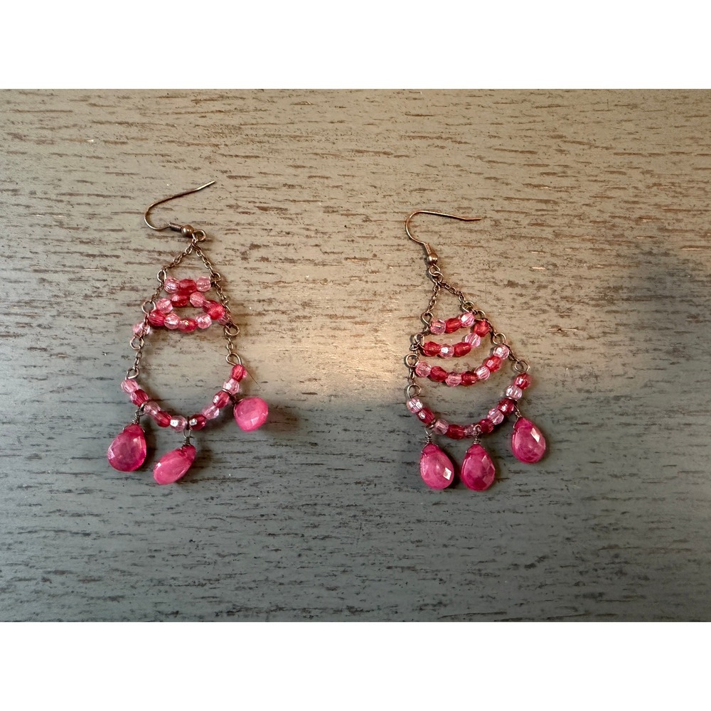 Pink Beaded Chandelier Drop Earrings Boho Tiered Teardrop Dangle Bronze Tone